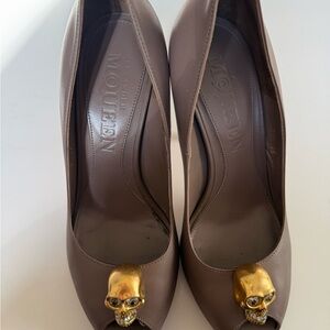 Alexander McQueen Taupe Peep-Toe Heels with Gold Skull